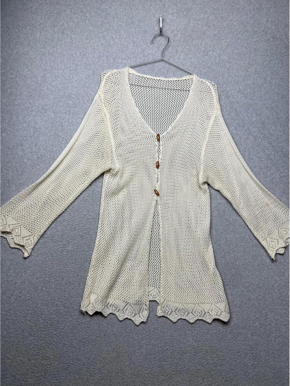Vintage Womens Open Hand Knit buklum Turkish Cardigan Cream Boho Beach Vaca Chic